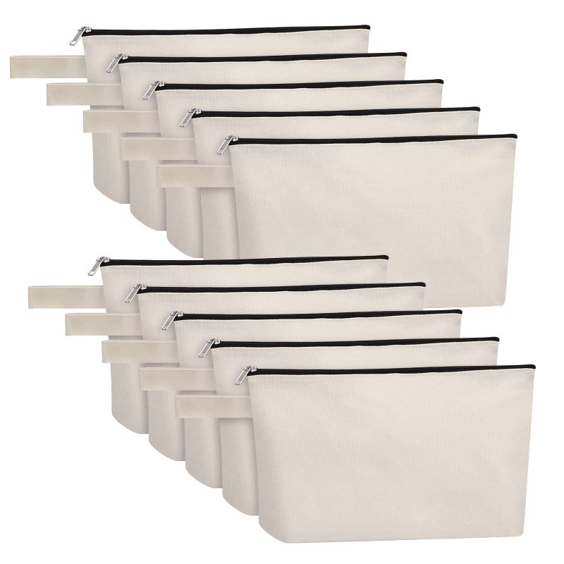 Sinzip 10 Pieces Cotton Canvas Makeup Bag with Bottom  Multi-Purpose Cosmetic Bag with Zipper Travel Toiletry Pouch  Blank DIY Craft Bag Pencil Bag (M  White)  MN-WB07 - Image 1